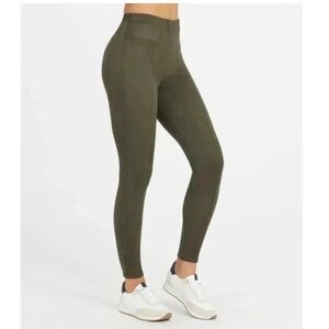 Spanx Womens Shaping Leggings Small Olive Green Faux Suede Pull On Tummy Control